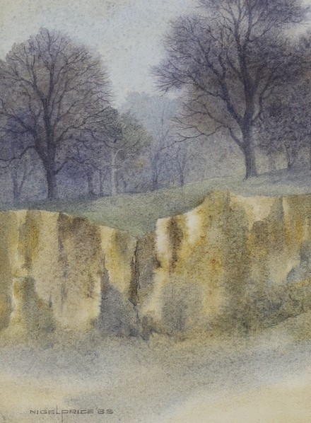 Nigel Price (1933-), watercolour, Trees above a sand quarry, signed and dated '85, 21 x 16cm and two watercolours by Terry Jeffrey of St Osyth and Brightlingsea, largest 24 x 36cm
